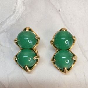 Vintage Green Cabochon Clip-On Earrings Gold Tone Jade Look